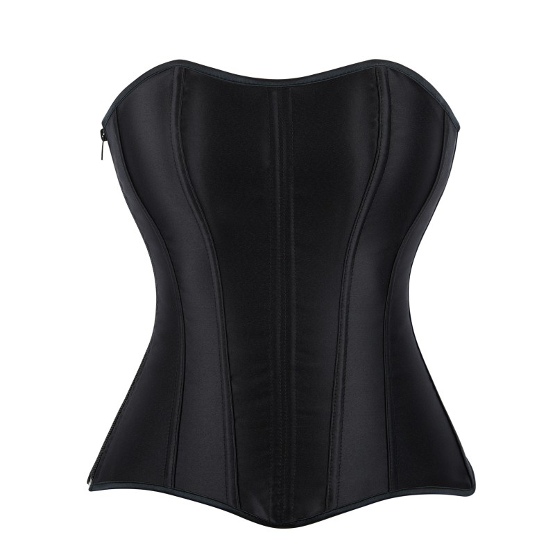 Elegant Satin Vintage Style Corselet Lace up Zipper Corsetto Korsett Black